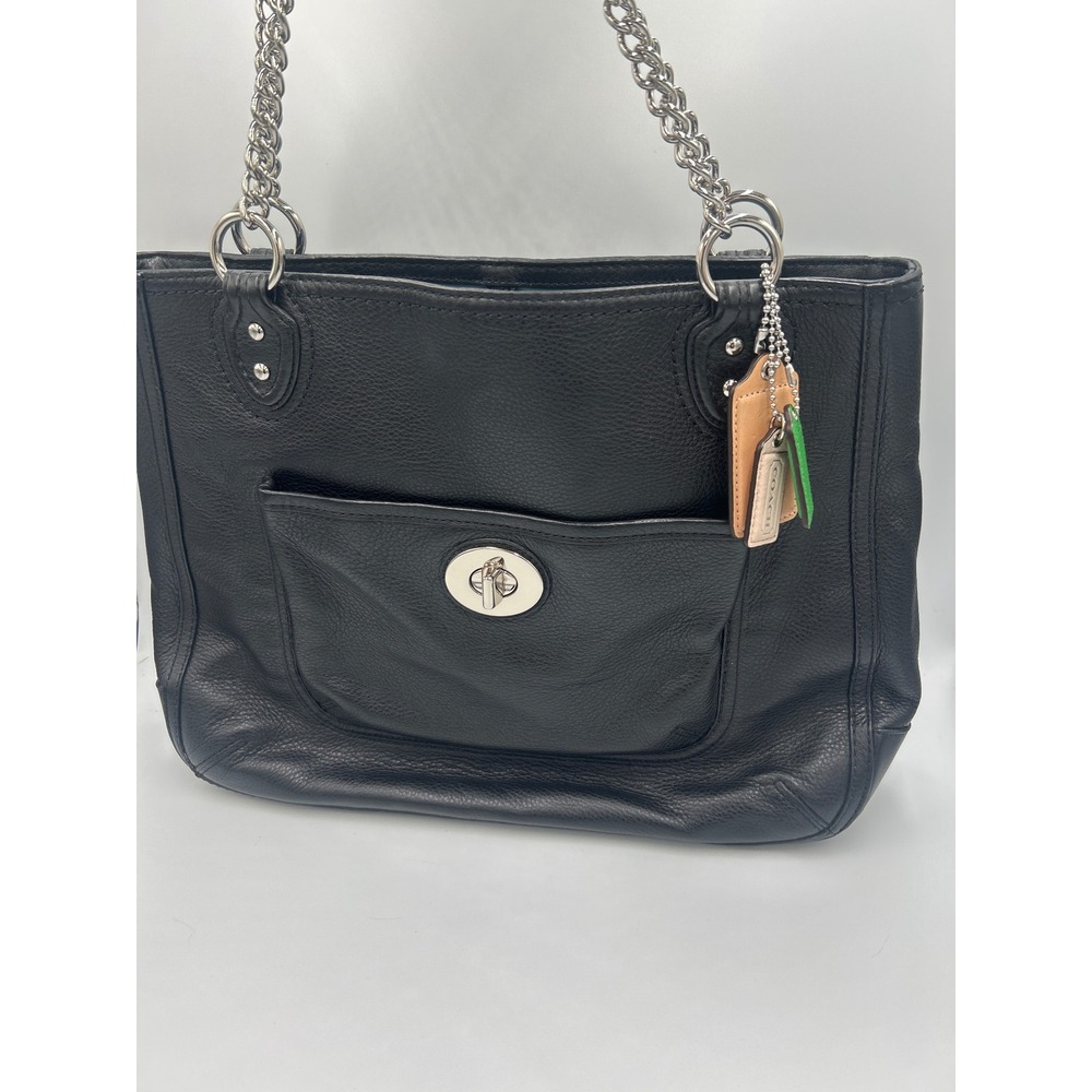 Coach Poppy Black Pebble Leather Chain Tote Bag 24081 Silver Hardware